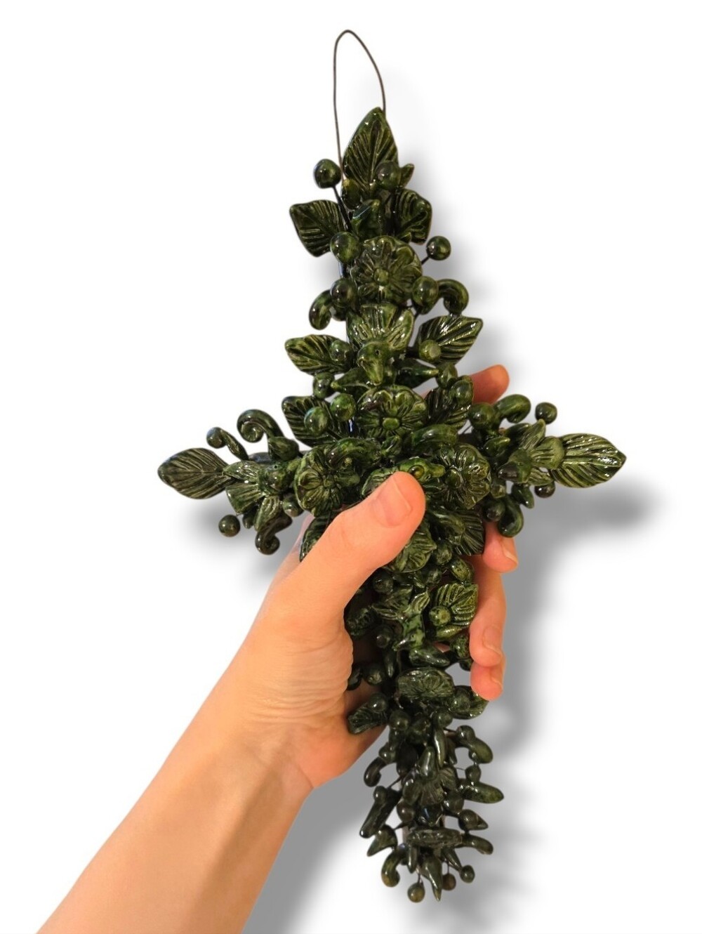 Vintage Mexican Milagros Cross Crucifix Michoacan Green Glazed Folk Art Rare 12"